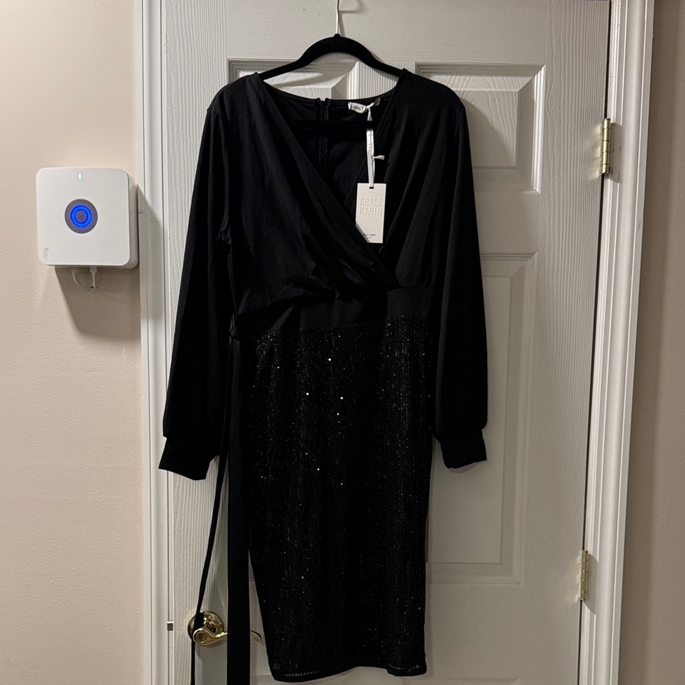 Grace Karin Black Sequin Wrap Long-Sleeve Dress